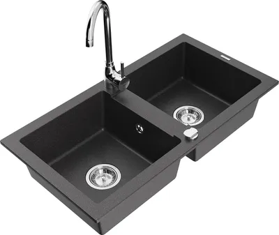 Immagine prodotto di Mexen Mario lavello in granito a 2 vasche con rubinetto da cucina Telma, nero maculato - 6504-76-670200-00