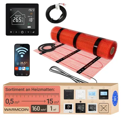 Immagine prodotto di Kit di riscaldamento a pavimento elettrico, potenza 160 W/m², superficie 1,0 m², completo di termostato Wi-Fi
