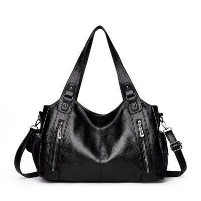 Produktbild von Damenhandtasche aus Kunstleder, Umhängetasche mit vielen Fächern, verstellbarem Schultergurt, Schwarz