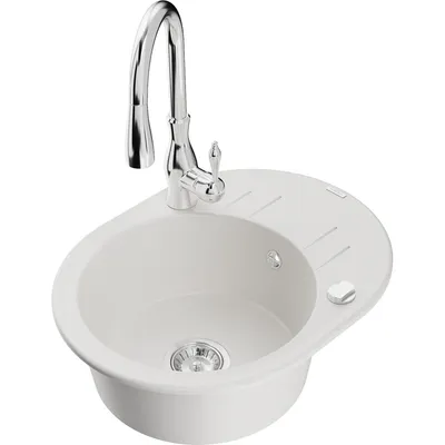 Obrázek produktu pro Mexen Kevin 1-miskový granitový dřez s odkapávačem a kuchyňskou baterií Savita, Bílá - 6517-20-672601-00
