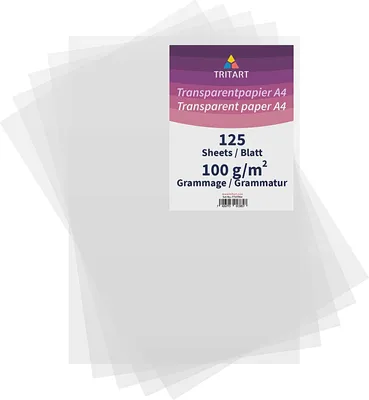 Produktbild von Tritart Transparentpapier Bedruckbar Weiß DIN A4 - Pauspapier Pergamentpapier zum Bedrucken 125 Blatt 100g/m² - Architektenpapier Transparent Papier Bögen - Durchsichtiges Papier