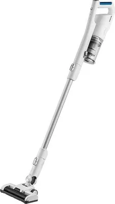 A white cordless vacuum cleaner is shown against a white background.