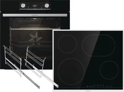 A black oven and a black induction hob are shown together against a white background.