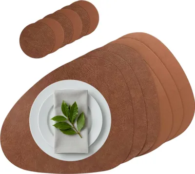 Produktbild von Platzset 6er Set, 2in1 Wende-Tischunterlage Kunstleder oval, Platzdeckchen 40x31cm Nierenform (Rostbraun)