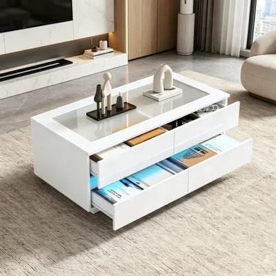 Produktbild von Moderner Couchtisch 100x50x40cm, Kaffeetisch mit 4 Schubladen LED gehärteter Glasplatte und Hochglanzfronten Wohnzimmertisch aus Spanplatte