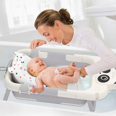 Produktbild von YZNAHRE Baby Badewanne Faltbare Babywanne Babybadewanne mit Gestell, Thermometer und Badekissen Rutschfeste Tragbare Babybadewanne für Neugeborene Kleinkinder, Panda