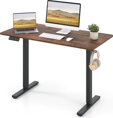 Zdjęcie produktu dla Biurko COSTWAY 120x60 cm z regulacją wysokości, elektryczne biurko stojące z haczykami, zarządzaniem kablami, funkcją pamięci i ochroną przed kolizją (brązowe)