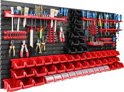 Image de Système de rangement Étagère d'atelier | 172 x 78 cm | 56 pièces Boîte | Étagère murale avec supports pour outils et boîtes empilables - Panneaux muraux Étagère à bacs extra-robuste Panneau perforé pour outils Étagère de rangement Étagère de garage