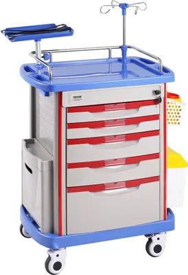 Image de Chariot médical mobile à 5 niveaux avec 5 tiroirs et 2 poubelles, bleu
