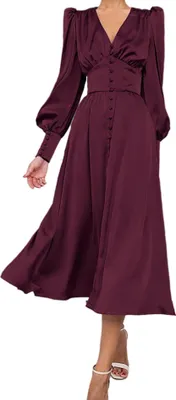 Obrázek produktu pro Saténové maxi šaty pro ženy Elegantní výstřih do V Nafouklé rukávy Vintage Bordeaux XS