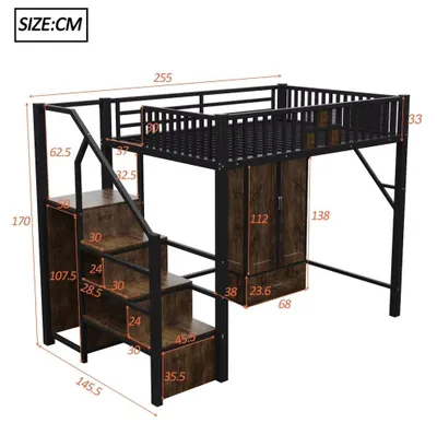 Productafbeelding van Hoogslaper - Kinderbed met kledingkast - 140 x 200 cm - Metaal en hout - Veiligheidshek - Lades en ladder - Zwart