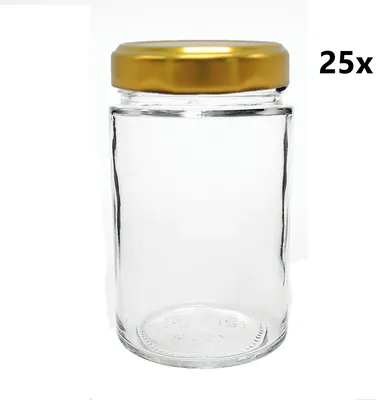 Produktbild von Einmachgläser 327 ml TIEF klar/transparent 25 Stück INKLUSIVE GOLDDECKEL, Marmeladengläser, Einkochgläser, Stück: 25