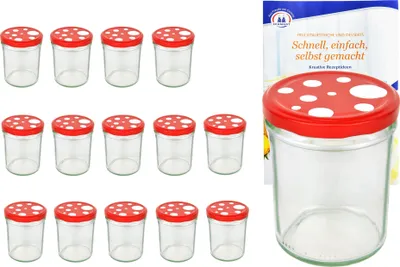A set of glass jars with mushroom-themed lids and a recipe booklet.