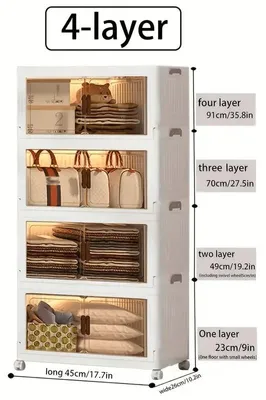 Image de Armoire de rangement à 4 niveaux - Armoire en plastique pliable - Avec roulettes - Mobile - Gain de place - Polyvalente - 91 x 45 x 26 cm