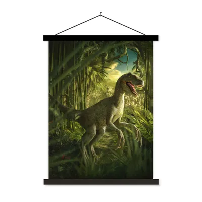 Produktbild von MuchoWow® Textilposter Dinosaurier - Pflanzen - Grün - Illustration - Kinder - Jungen 90x120 cm mit schwarzem Rahmen - Dekoration
