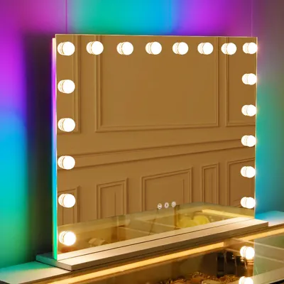 Zdjęcie produktu dla VANITII Lustro Hollywood z oświetleniem RGB 80cm x 58cm z 18 ściemnianymi lampami 3 tryby oświetlenia HD szkło hartowane do toaletki łazienkowej Biały