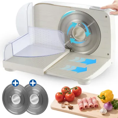 Produktbild von Allesschneider, Elektrischer Allesschneider, 250 W, mit 2 Edelstahlklingen (170 mm) Verstellbare 0–15 mm, herausnehmbares Messer, ideal für Fleisch