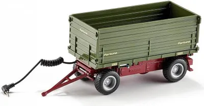 A green Siku trailer with a red chassis and black tires, shown from a three-quarter side view against a white background.