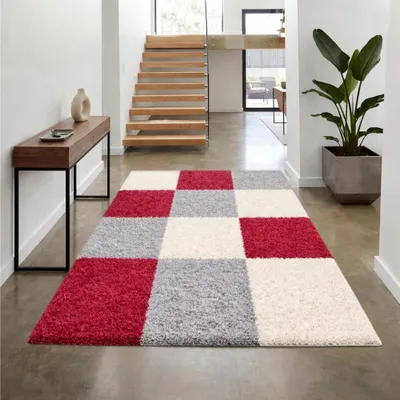 Produktbild von Shaggy Teppich Mehrfarbig Rot Grau Creme für Wohnzimmer und Schlafzimmer – moderner Hochflor Teppich weich und stilvoll Größe - 60 x 110 cm