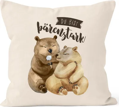 Produktbild von Kissen-Bezug Du bist bärenstark Bären Geschenk Liebe Freund Freundin Tasse Liebessprüche Kissen-Hülle Deko-Kissen Baumwolle MoonWorks® natur unisize
