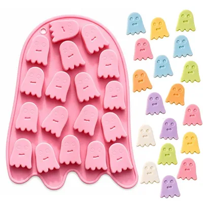 Obrázek produktu pro Silikonová forma "Duch" s 18 výstupky, forma na pečení sladkostí a sušenek, vhodná na Halloween, rozměry 17,3 x 12,9 x 1,2 cm