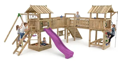 Produktbild von SPIELPLATZ XXL Rutschenhaus Festung Abenteuer für Kinder 2x Schaukel Sandkasten Rutsche Gratisartikel