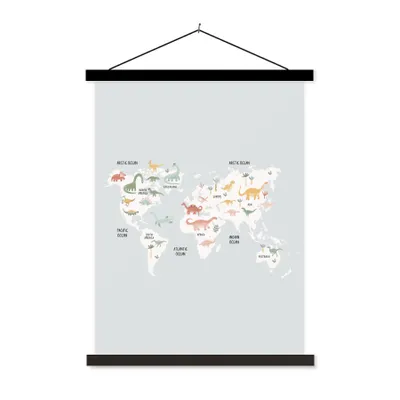 Obrázek produktu pro MuchoWow® Textilní plakát - Dětský pokoj - Mapa světa - Dinosaurus - 60x80cm - S černými lamelami