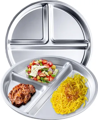 Two silver divided plates, one with food, are shown against a white background.