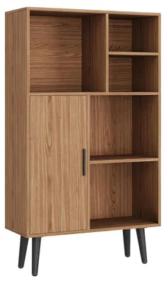 Image de Bibliothèque en bois - Bibliothèque cubique - Quatre étagères - Avec porte et pieds - Autoportante - Style minimaliste moderne - Marron