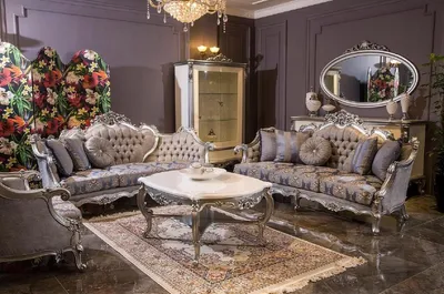 Produktbild von Casa Padrino Luxus Barock Wohnzimmer Set Grau / Blau / Silber - 2 Barock Sofas & 2 Barock Sessel & 1 Barock Couchtisch - Wohnzimmer Möbel im Barockstil - Barock Möbel - Barock Einrichtung