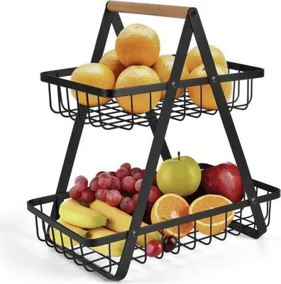 Produktbild von Obstetagere – Obstkorb mit 2 Etagen – Obstschale – Bambusholz und Metall – Stehende Obstkorbetagere – Kartoffelpflanzer – Theken-Organizer – Obstkiste