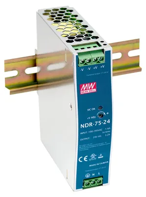Produktbild von MEAN WELL NDR-75-24, 76,8 W, 90 - 264 V, 47 - 63 Hz, 12 ms, 85,5%, Überspannung, Überhitzung, Überlastschutz