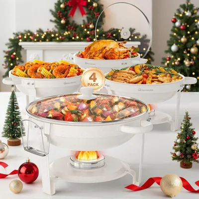 Produktbild von WARMOUNTS Chafing Dish Buffet 5L 4er Set Weiße, Maifan Stein Beschichtung Rund Speisenwärmer für Catering mit Glasdeckel & Deckelhalter Edelstahl