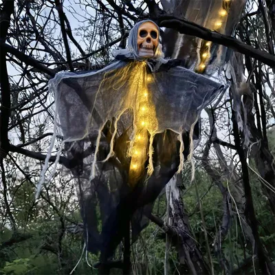Zdjęcie produktu dla Dekoracja na Halloween do użytku zewnętrznego, 60 x 80 cm, motyw: przerażający szkielet, dekoracja na drzwi na Halloween, dekoracja na drzwi wejściowe, motywy: duchy, czaszki, do użytku na zewnątrz, do ogrodu