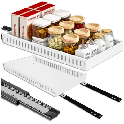 Obrázek produktu pro EDIBAZZAR | Bílý výsuvný organizér do skříně pro uložení pánví, hrnců, pokliček, stojánků a držáků