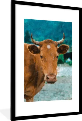 Produktbild von MuchoWow® MuchoWow® Gerahmtes Poster Kuh - Braun - Horn 60x90 cm - Poster mit zchwarzem Bilderrahmen - Dekoration - Wandposter Wohnzimmer - Hochwertig