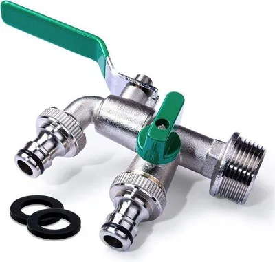 Immagine prodotto di Rubinetto doppio in ottone da 1/2 pollice - verde - per giardino, uso domestico e industriale con 2 uscite da 3/4 di pollice
