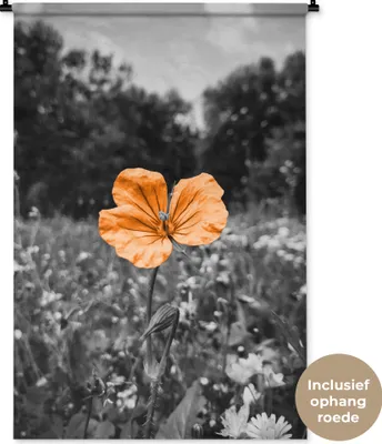 Produktbild von MuchoWow® Wandteppich Wandbehang Blumen - Schwarz - Weiß - Orange 90x135 cm Tapisserie Dekoration Wandtuch - Baumwolle - Wandskulptur
