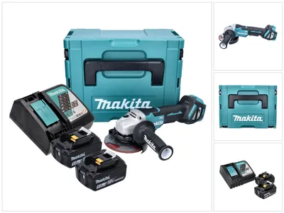 A Makita angle grinder kit with batteries, charger, and case.