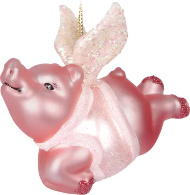 A pink glass pig ornament with glittery angel wings and a scarf, hanging against a white background.