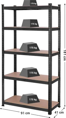 Produktbild von Hoppa! | Lagerregal mit 5 Einlegeböden | 180 x 90 x 40 cm | 875 kg Belastbarkeit | Verstellbare Einlegeböden | Verstärkter Stahlrahmen | Schwarz