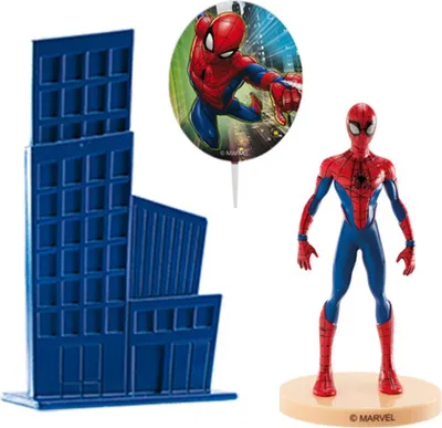 Produktbild von Dekora Spiderman Kuchendeko Set, Kunststoff, 3-teilig, für Geburtstag & Mottopartys, Blau, Figur ca. 8.5 cm, Hochhaus ca. 11 cm, inkl. Kerze, offizieller Marvel Lizenzartikel
