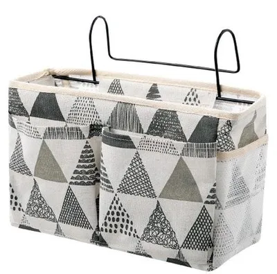 Productafbeelding van Unyqoos® Hangende bedorganizer van katoen en linnen, 30 x 26 x 11 cm – multifunctionele bedopberger met groot vak, 2 zakken, een gaasvak en dubbele haken, geschikt voor slaapkamer en woonkamer