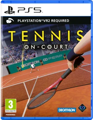 A PlayStation 5 game case for Tennis on Court, showing a tennis court scene and a player holding a racket.