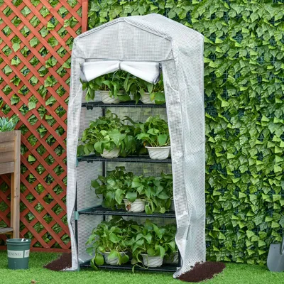 Image de Mini-serre avec 4 étagères, serre en film plastique, châssis de culture, serre à tomates, blanc | 70 x 50 x 160 cm | 4 x 15 kg | Film PE 140 g/m²