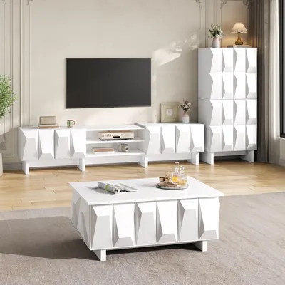 Immagine prodotto di Set di mobili per soggiorno STILVORA con ante 3D, mobile TV dal design geometrico, e credenza realizzata in pannello di particelle