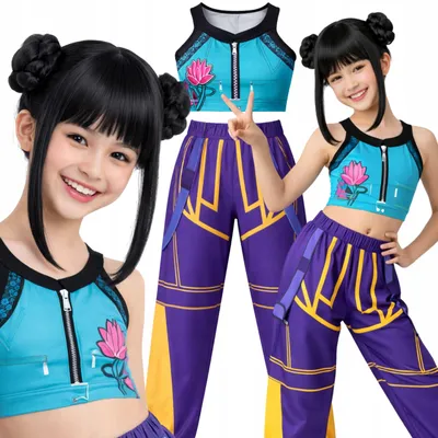 Produktbild von Hopki Kpop Demon Hunter Kostüm Mädchen mit Perücke Gr. 140-146
