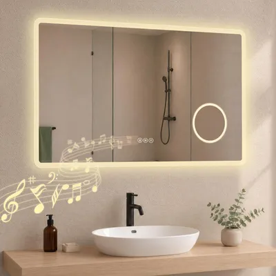 Zdjęcie produktu dla S'AFIELINA Lustro łazienkowe LED z Bluetooth 5.3, 100 × 60 cm, Lusterko 3×, funkcja antyparowa, 3 barwy światła, ściemnianie, dotyk & pamięć