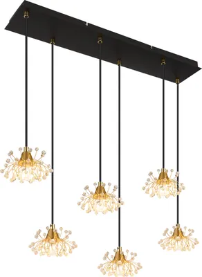 Produktbild von Globo Lighting Hängeleuchte Metall schwarz matt, Metall goldfarben matt, Acrylkristalle klar, Kabel PVC schwarz, LxBxH: 775x240x1200mm, exkl. 6x G9 LED 5W 230V