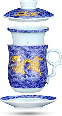 Produktbild von 400 ml Chinesische Teetasse Porzellan Drache Blau Sieb Deckel Untertasse
